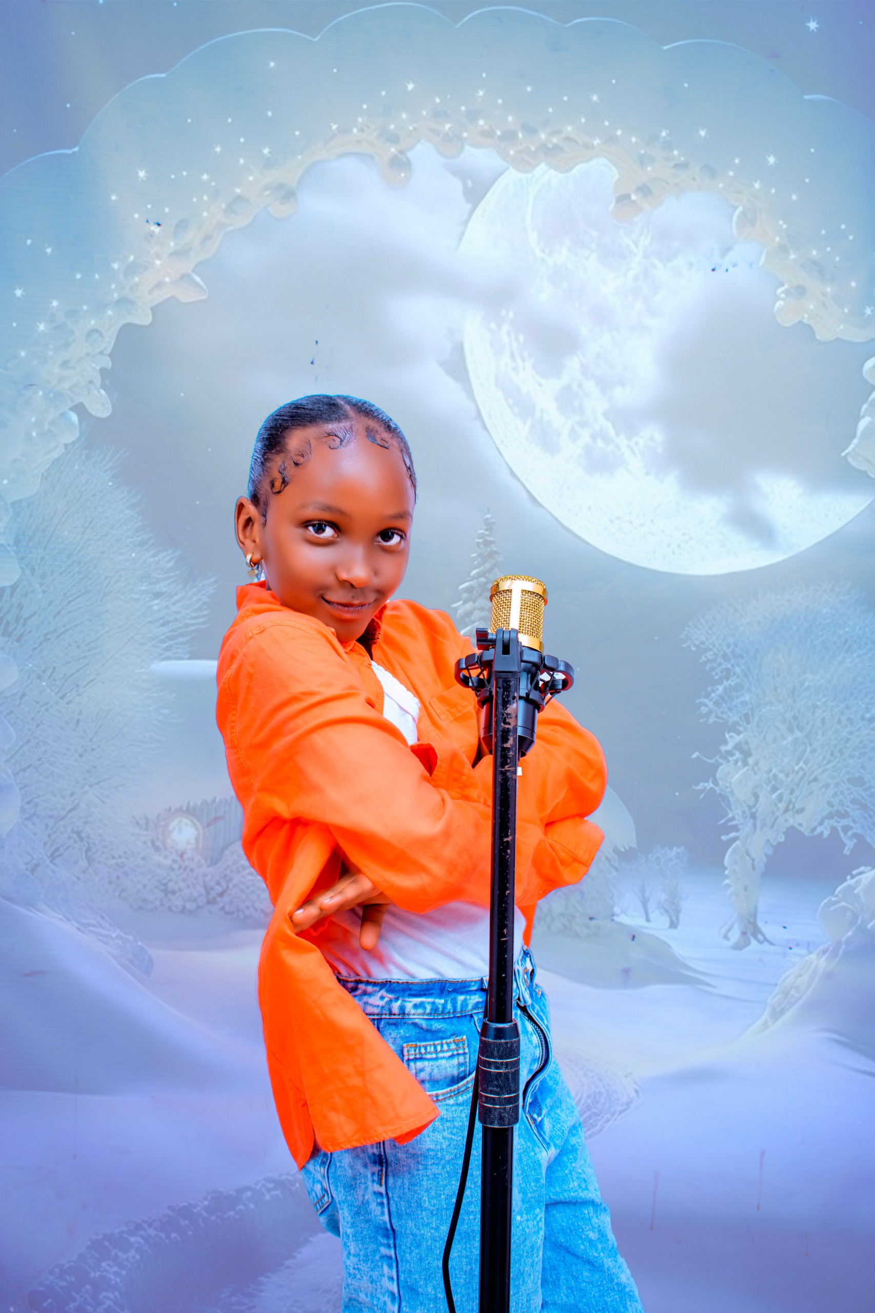 Studio portrait lit with a warm key light against a dark backdrop, photographed in Gisenyi